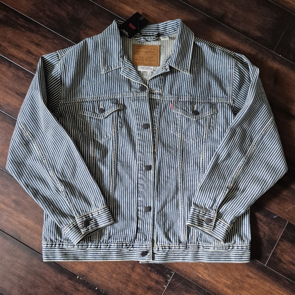 Levis Trucker Jacket Mens Large Blue Denim Hickory Stripe Premium